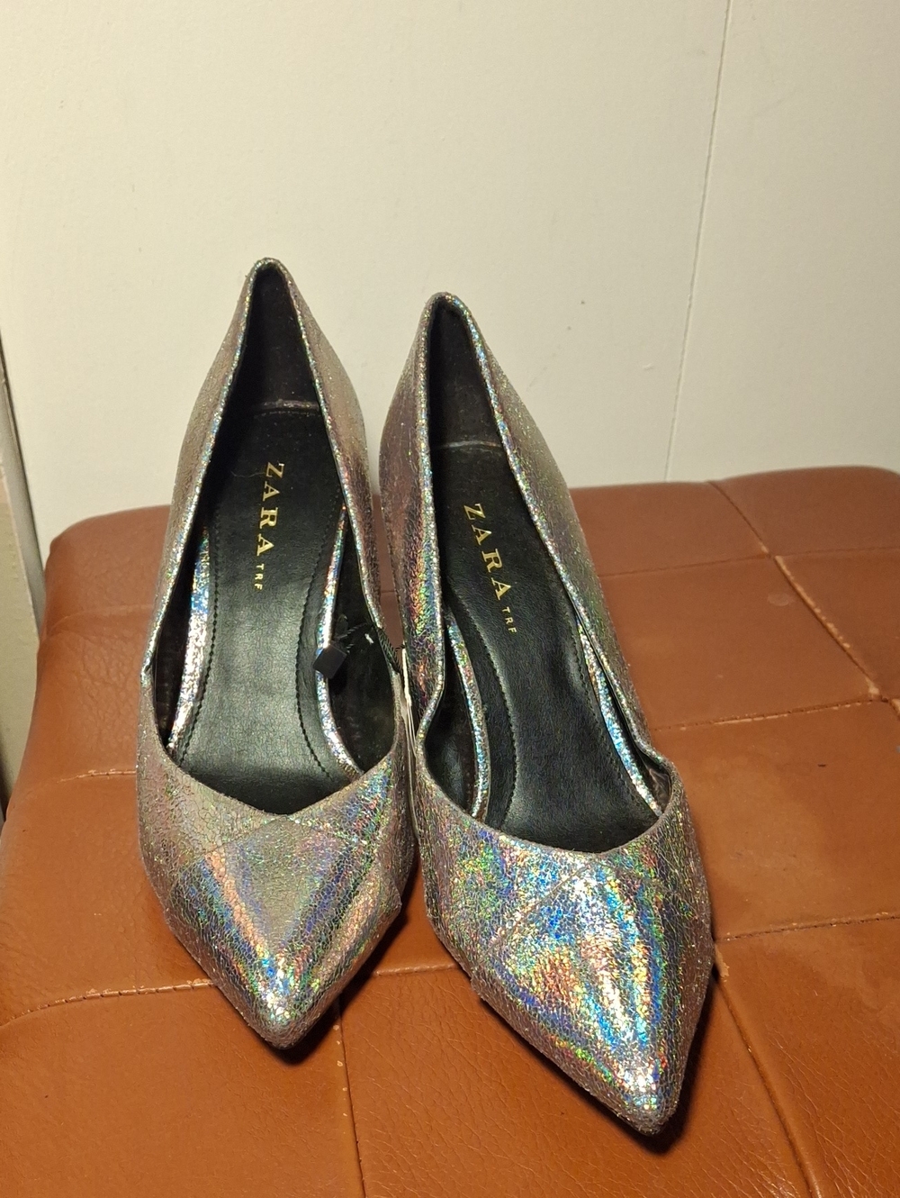 Zara Metallic Iridescent Pointed-Toe Pumps - Silver